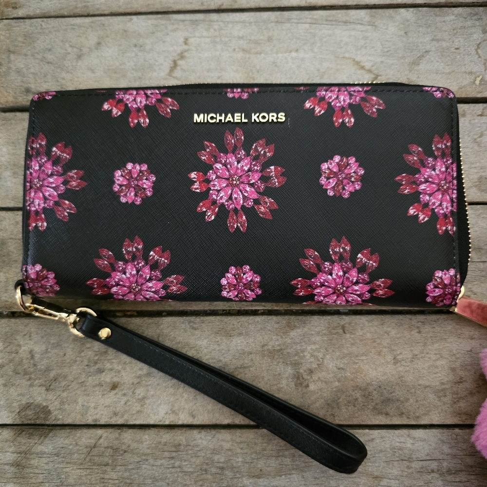 Michael Kors Black and Pink Floral Clutch Wristlet